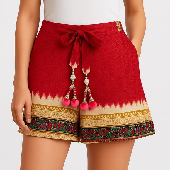 Bohemian Red Gold Tassel Trim Festival Shorts Women’s India Polyester - Picture 1 of 10